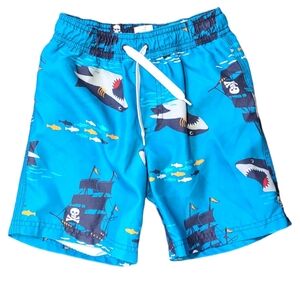Gymboree swim‎ trunks sharks and pirate ships boys Size 4 Blue euc